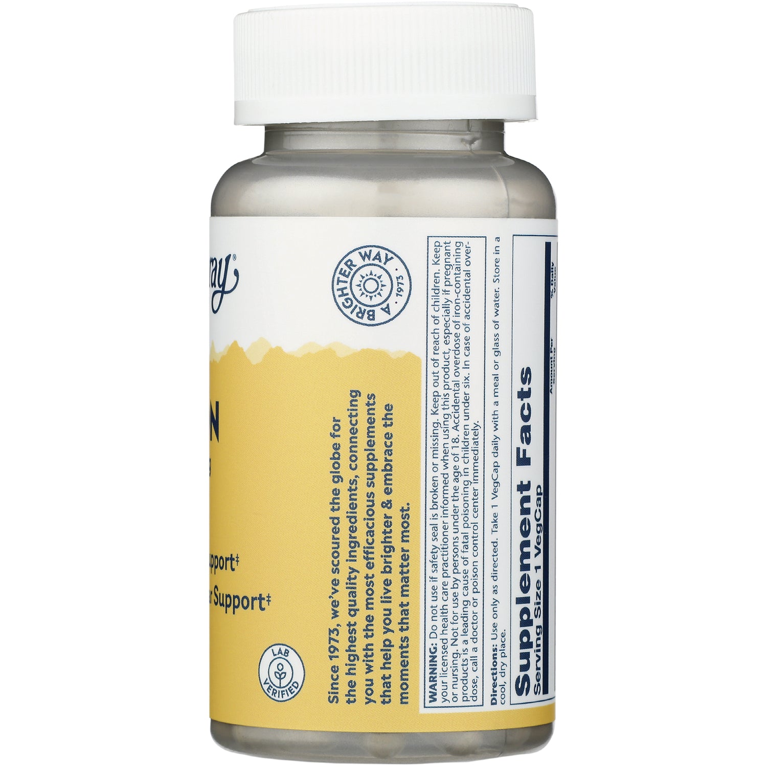 SLR363 | back of yellow supplement bottle showing Supplement Facts panel and small ingredient and warning text