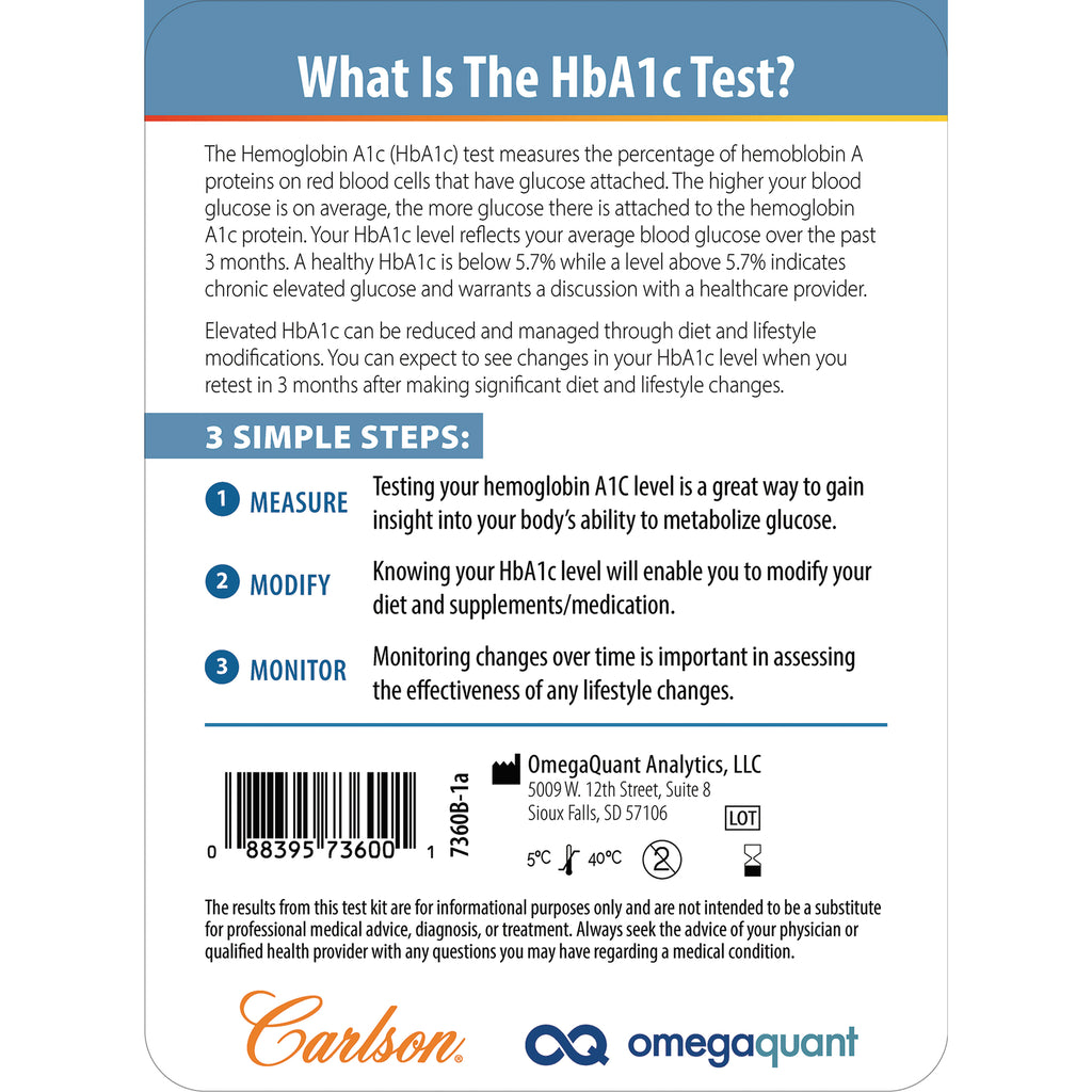 CSN335 | Back panel explaining What Is The HbA1c Test with 3 simple steps: Measure, Modify, Monitor, barcode and OmegaQuant and Carlson logos - Thumbnail