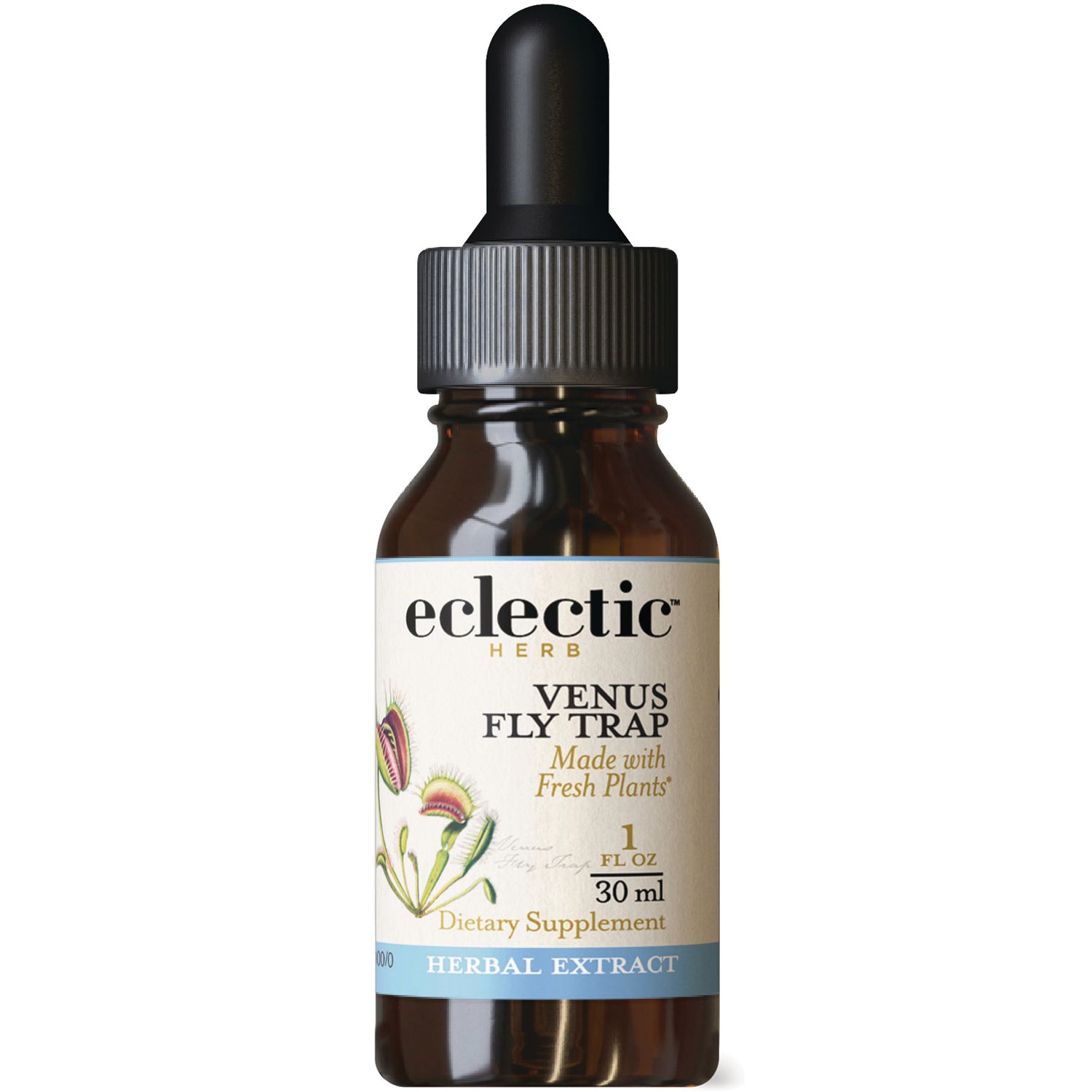 EC041 | brown glass dropper bottle labeled eclectic HERB Venus Fly Trap 1 fl oz herbal extract dietary supplement