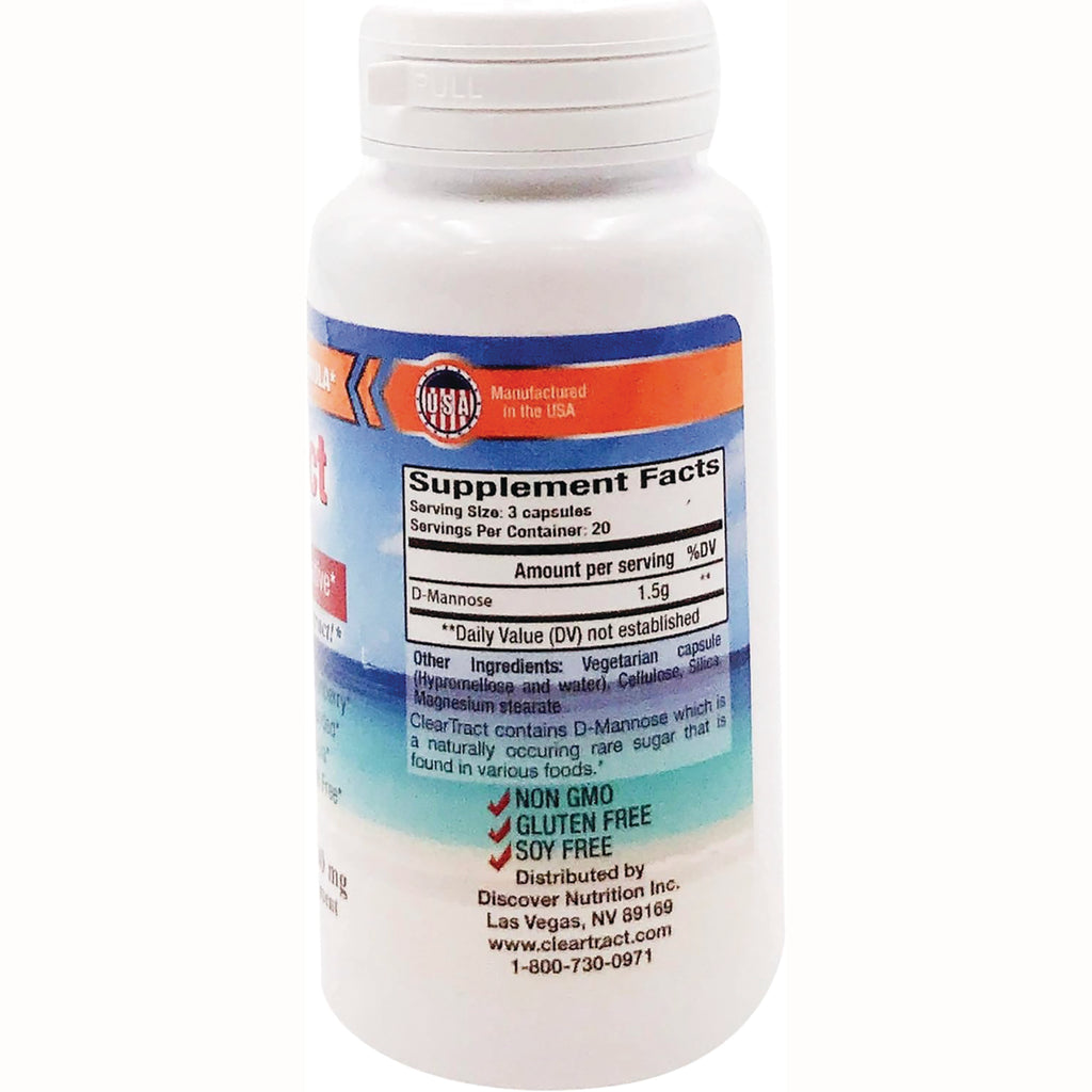 CLE001 | Back label showing Supplement Facts for D-Mannose 1.5g per serving and non GMO, gluten free, soy free - Thumbnail