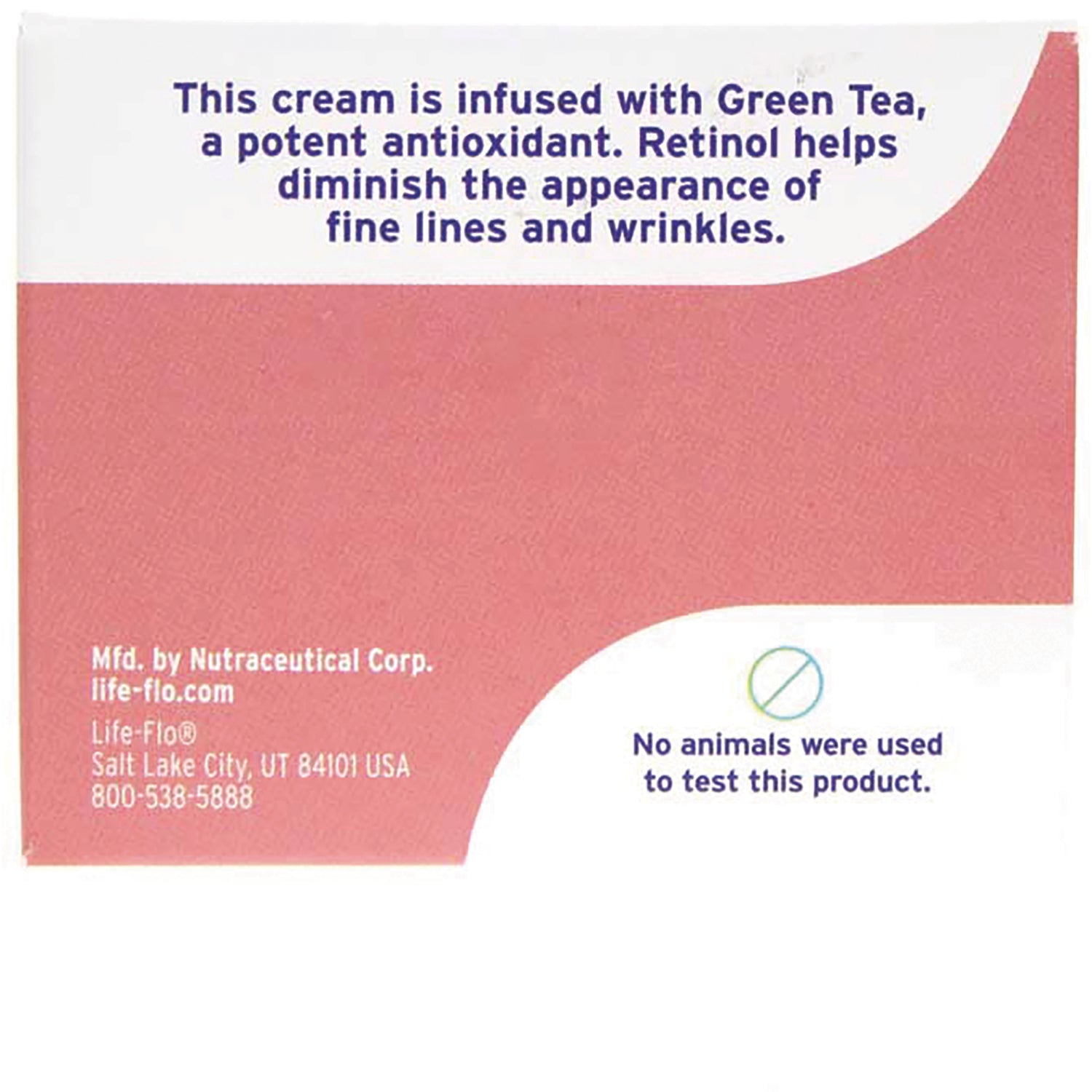 LFH059 | back of pink product box stating cream infused with green tea and retinol and No animals were used to test this product
