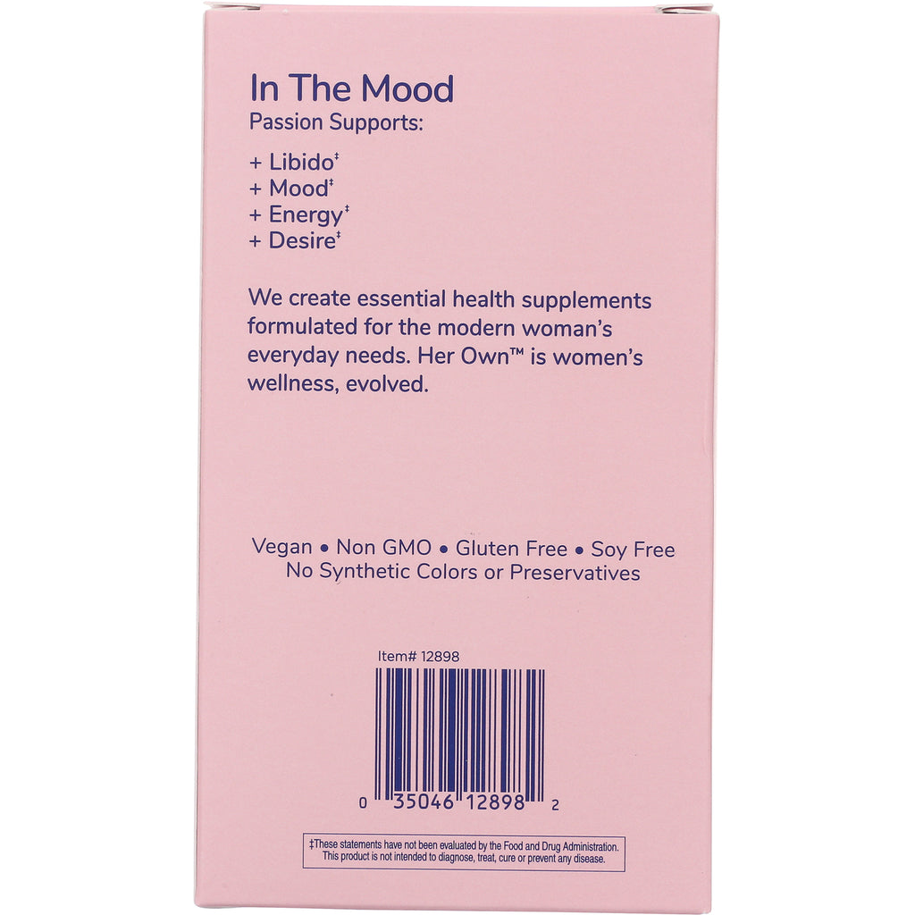 HO002 | pink box back with In The Mood claims, benefits listed Libido Mood Energy Desire, vegan non GMO gluten free label and barcode - Thumbnail