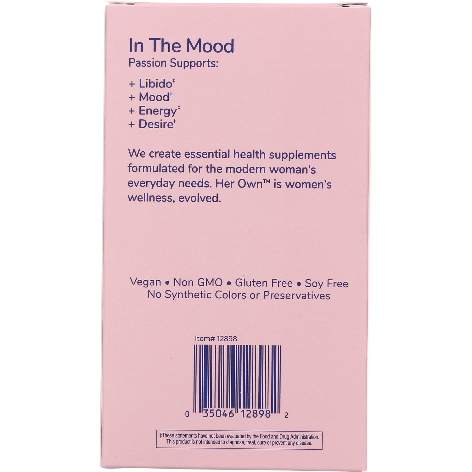 HO002 | pink box back with In The Mood claims, benefits listed Libido Mood Energy Desire, vegan non GMO gluten free label and barcode