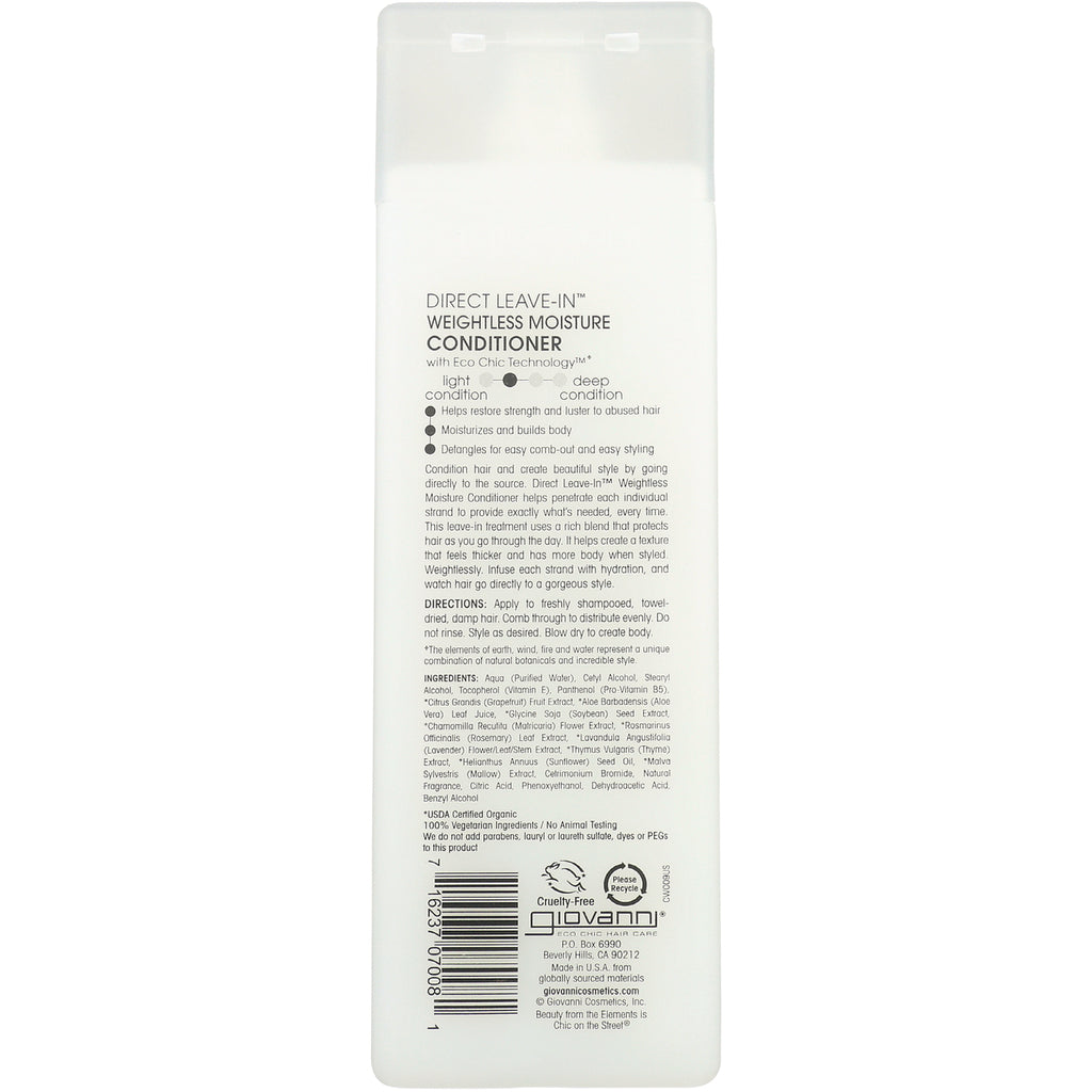 GV011 | Back label of white Giovanni Direct Leave-In Weightless Moisture Conditioner bottle showing ingredients, directions, and barcode - Thumbnail