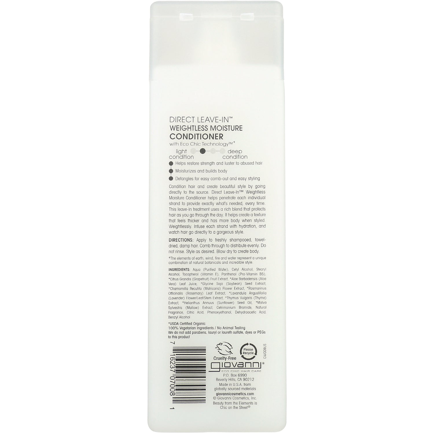 GV011 | Back label of white Giovanni Direct Leave-In Weightless Moisture Conditioner bottle showing ingredients, directions, and barcode
