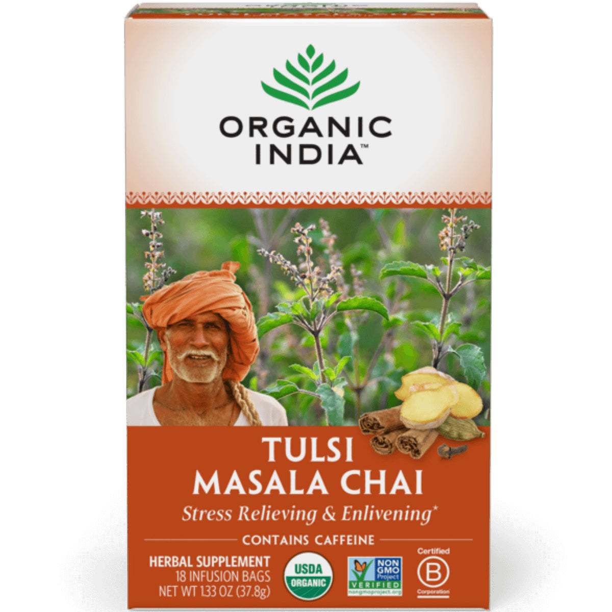 RGN005 | Organic India Tulsi Masala Chai box showing farmer, tulsi plants and spices