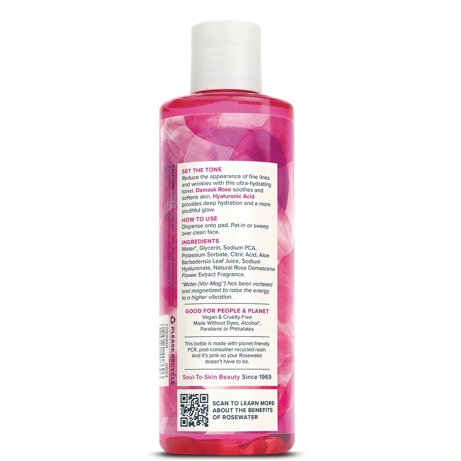 Clear pink toner bottle back label showing ingredients, directions, and recycling information