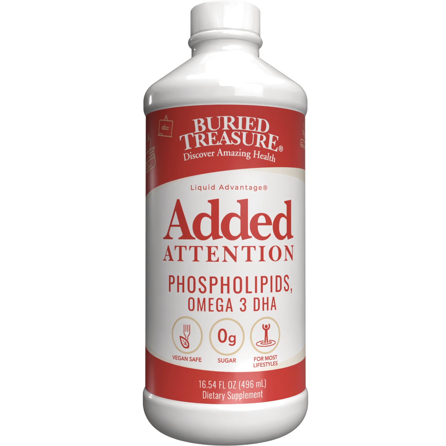 BTR002 | Buried Treasure Added Attention liquid supplement bottle labeled PHOSPHOLIPIDS, OMEGA 3 DHA 16.54 FL OZ