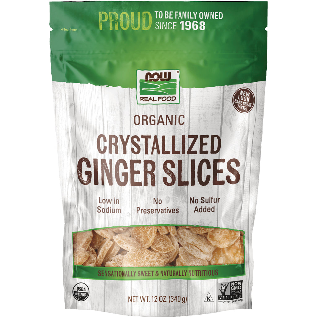 NWF1130 | Front pouch of NOW Real Food Organic Crystallized Ginger Slices with clear window showing sugared ginger - Thumbnail