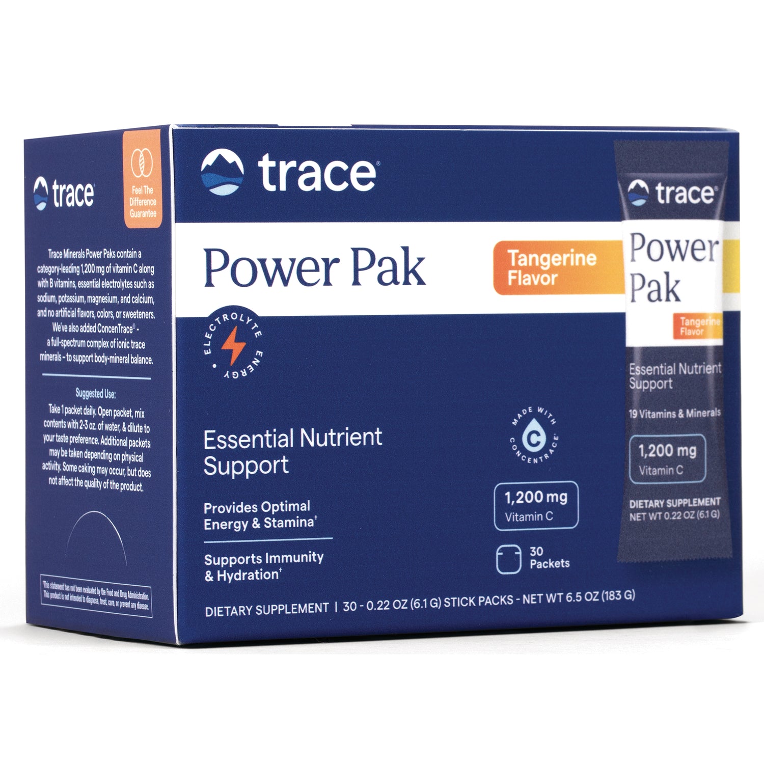 TM070 | Trace Minerals Power Pak Tangerine Flavor electrolyte drink mix, 1,200 mg Vitamin C, 30 packets