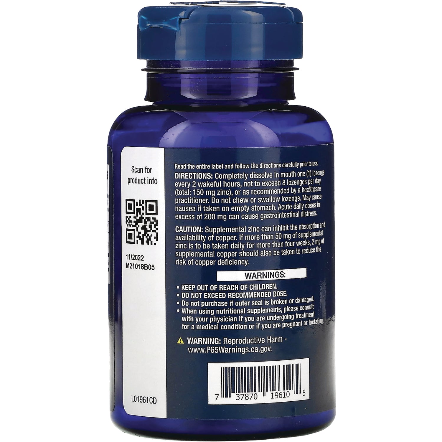 LE567 | blue supplement bottle back label with directions, warnings, QR code and barcode