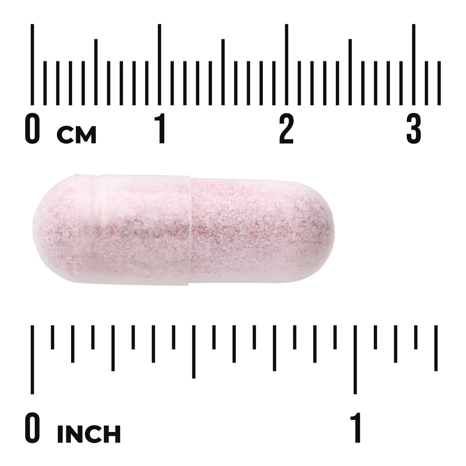 SWH112 | Pink speckled capsule shown next to metric and inch rulers to indicate size