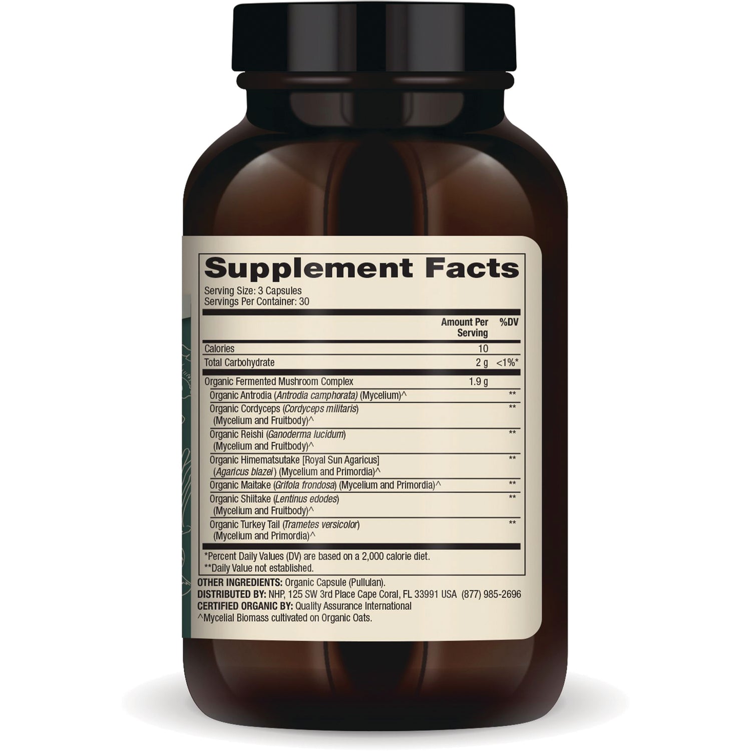MRC057 | back of brown supplement bottle showing Supplement Facts nutrition label and ingredient list