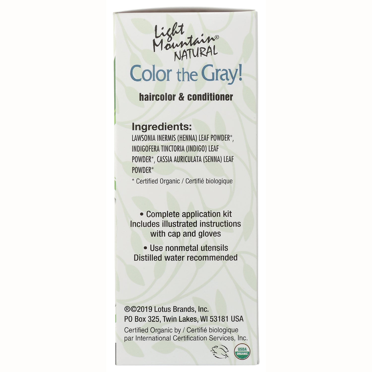 LTM005 | Back of Light Mountain Color the Gray haircolor & conditioner box showing ingredients and application instructions