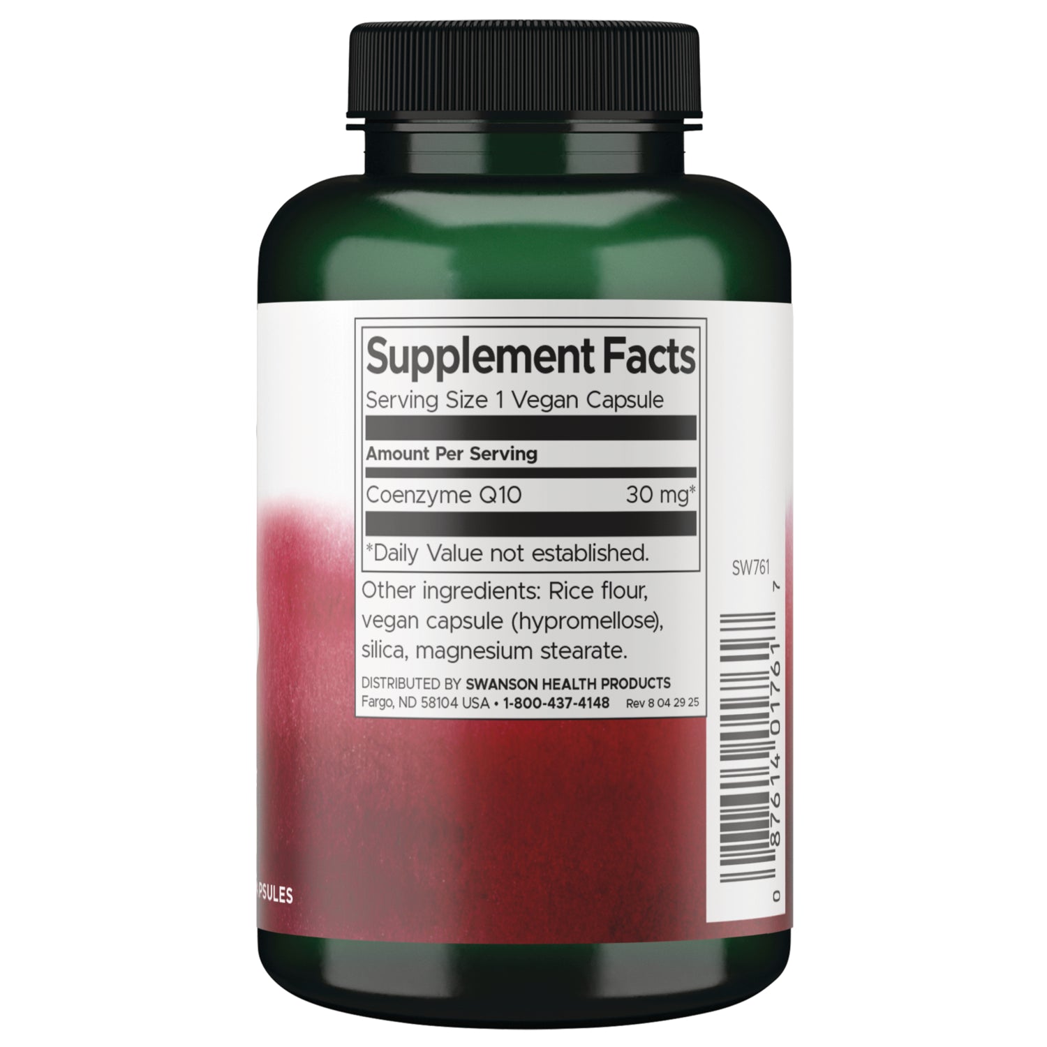 SW761 | Supplement Facts panel for Coenzyme Q10 30 mg, serving size 1 vegan capsule, with ingredients and barcode