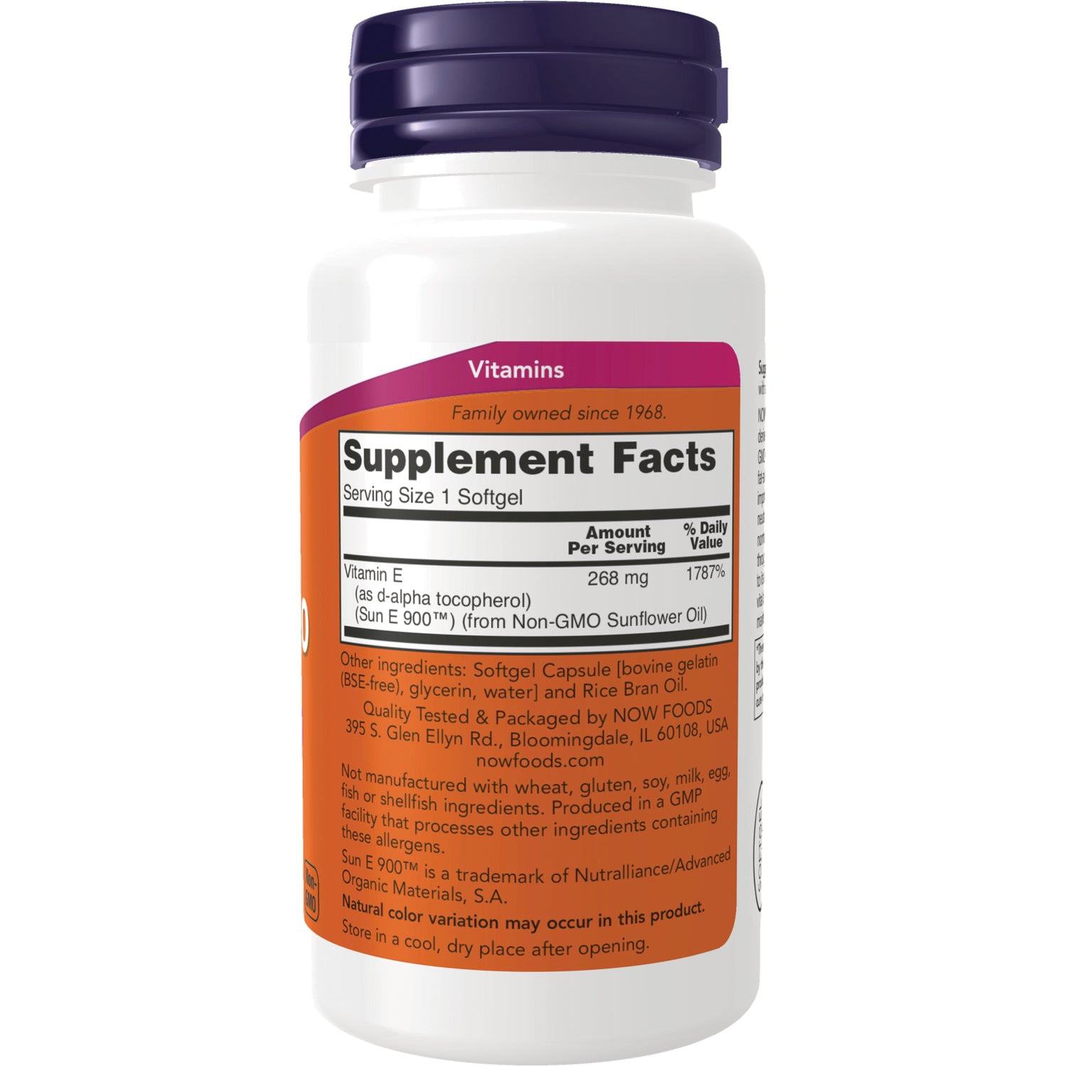 NWF1148 | back label of white supplement bottle showing Supplement Facts and ingredient text including Vitamin E 268 mg
