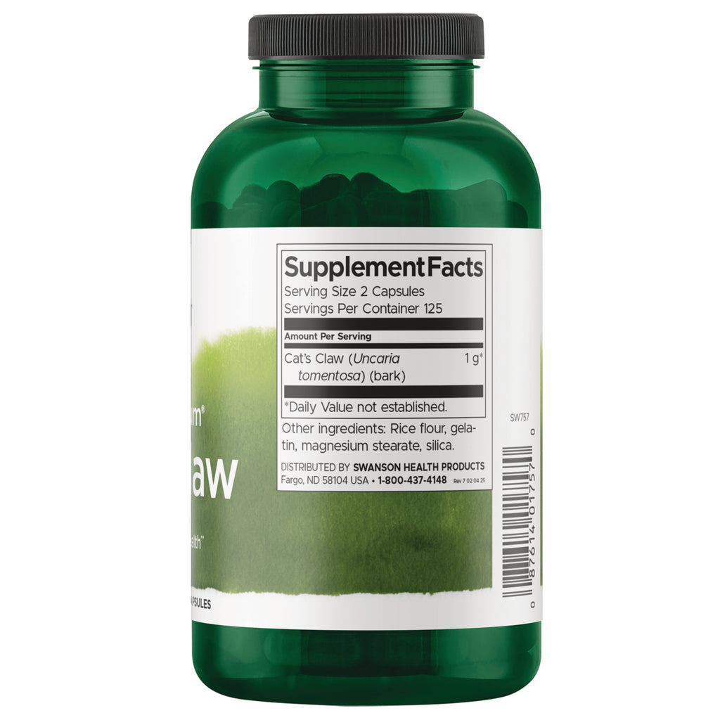 SW757 | Back label with Supplement Facts for Cat's Claw (Uncaria tomentosa) 1 g and other ingredients - Thumbnail