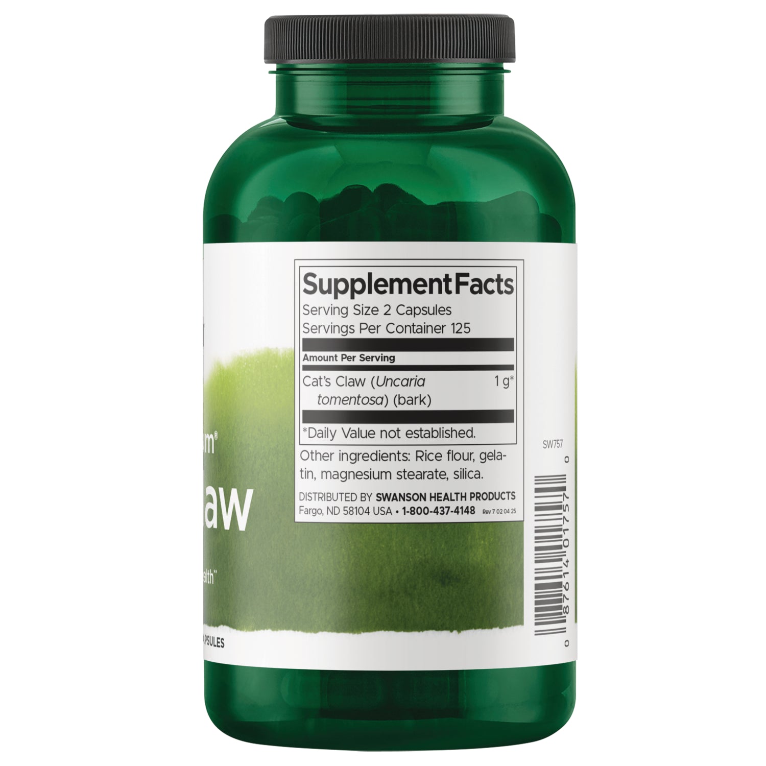 SW757 | Back label with Supplement Facts for Cat's Claw (Uncaria tomentosa) 1 g and other ingredients