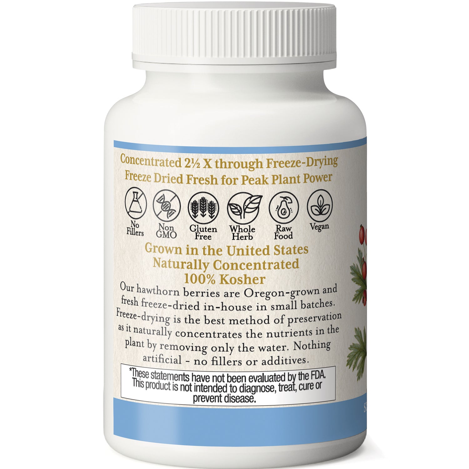 EC015 | back label of white supplement bottle with freeze-dried hawthorn description, Non GMO Gluten Free Vegan icons, 100% Kosher