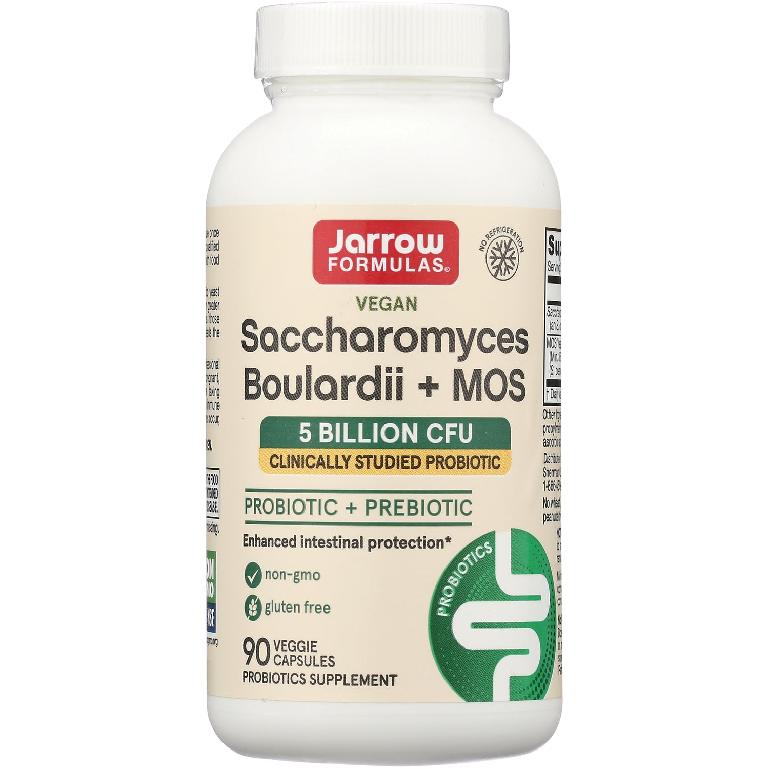 JR095 | Jarrow Formulas Saccharomyces Boulardii + MOS probiotic bottle showing 5 billion CFU and 90 veggie capsules