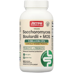 JR095 | Jarrow Formulas Saccharomyces Boulardii + MOS probiotic bottle showing 5 billion CFU and 90 veggie capsules