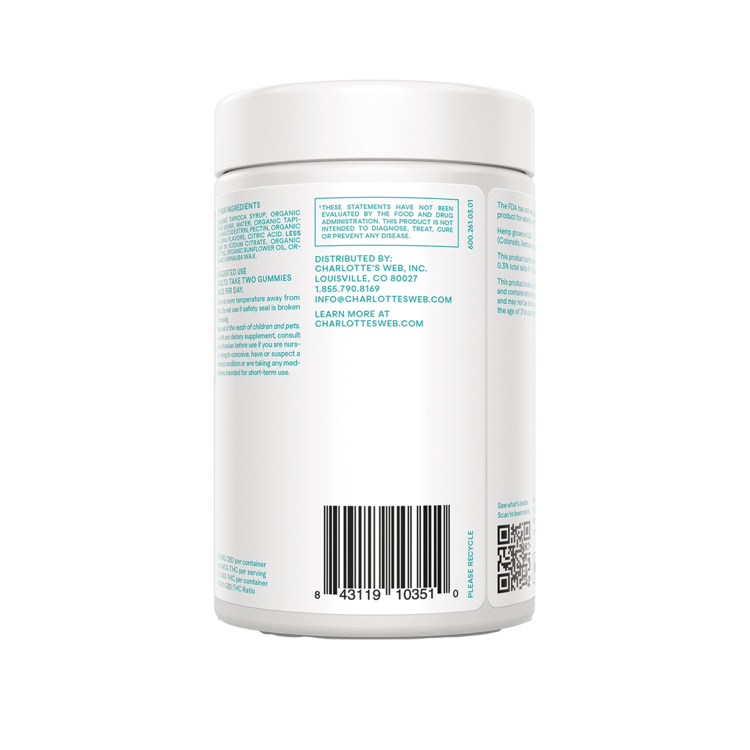 RE002 | Back label of white supplement jar showing barcode, QR code, and small teal ingredient and distribution text