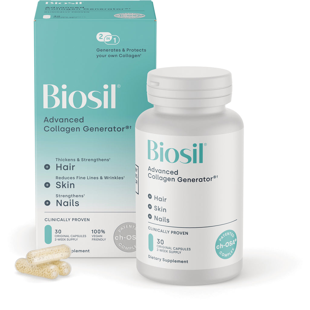 NFC055 | Biosil Collagen Generator bottle and teal box showing 30 original capsules vegan friendly supplement - Thumbnail