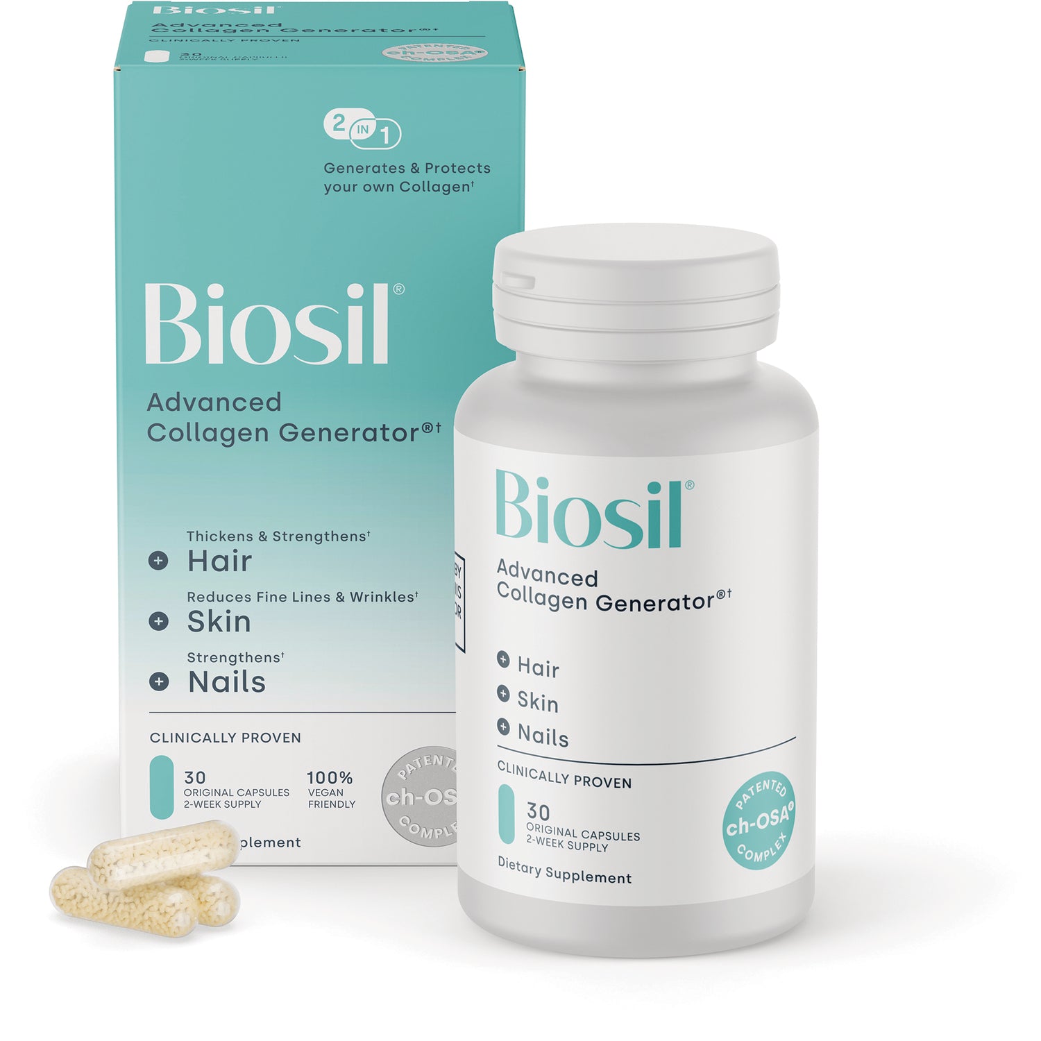 NFC055 | Biosil Collagen Generator bottle and teal box showing 30 original capsules vegan friendly supplement