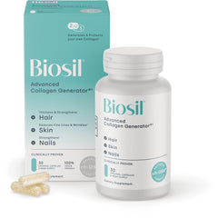 NFC055 | Biosil Collagen Generator bottle and teal box showing 30 original capsules vegan friendly supplement
