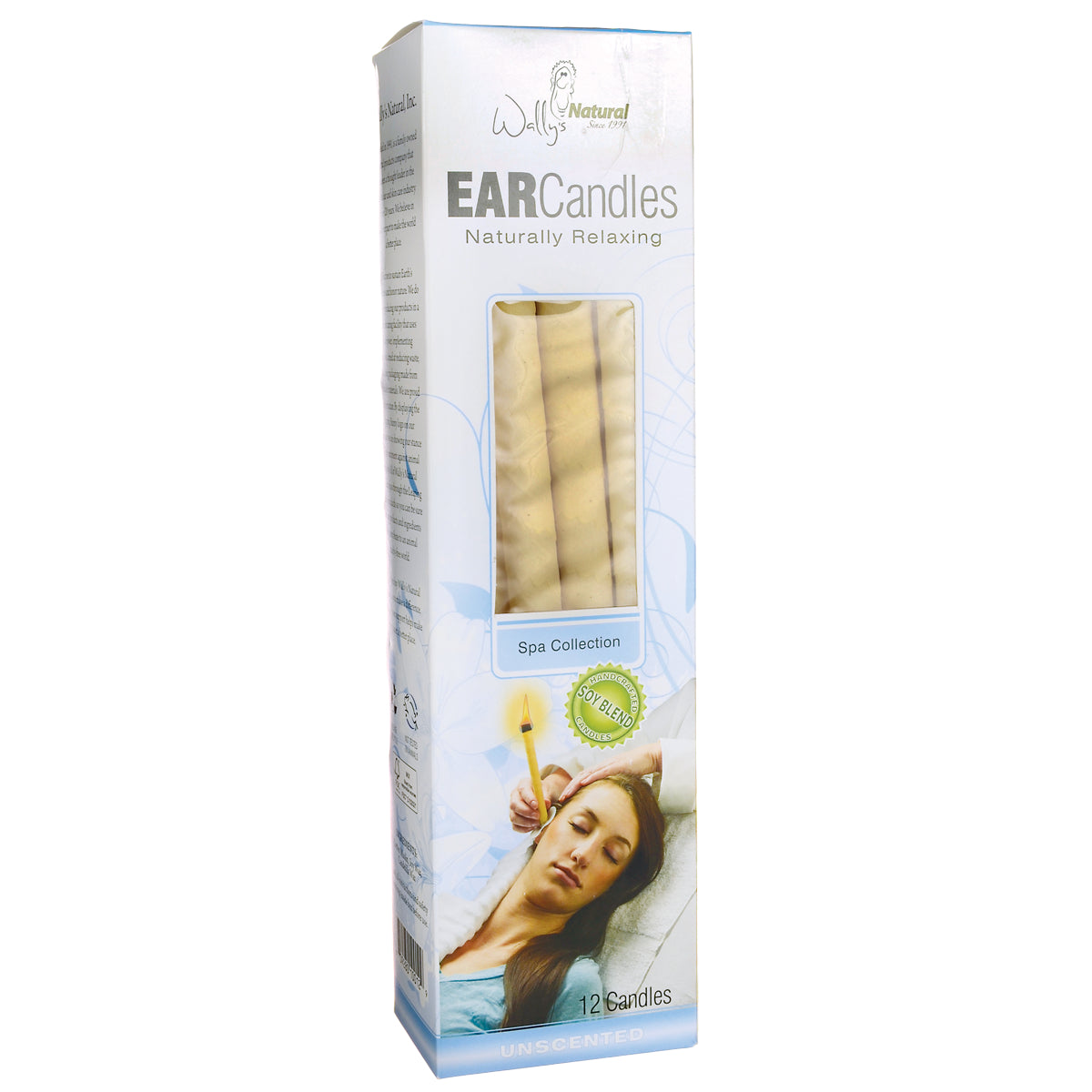 WLY017 | Wally's Natural Ear Candles box front, Spa Collection, Unscented, 12 candles