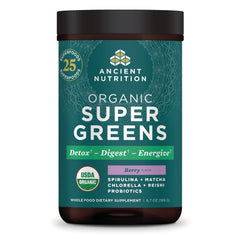 ATN132 | Ancient Nutrition Organic Super Greens berry flavor jar front label showing USDA Organic and product benefits