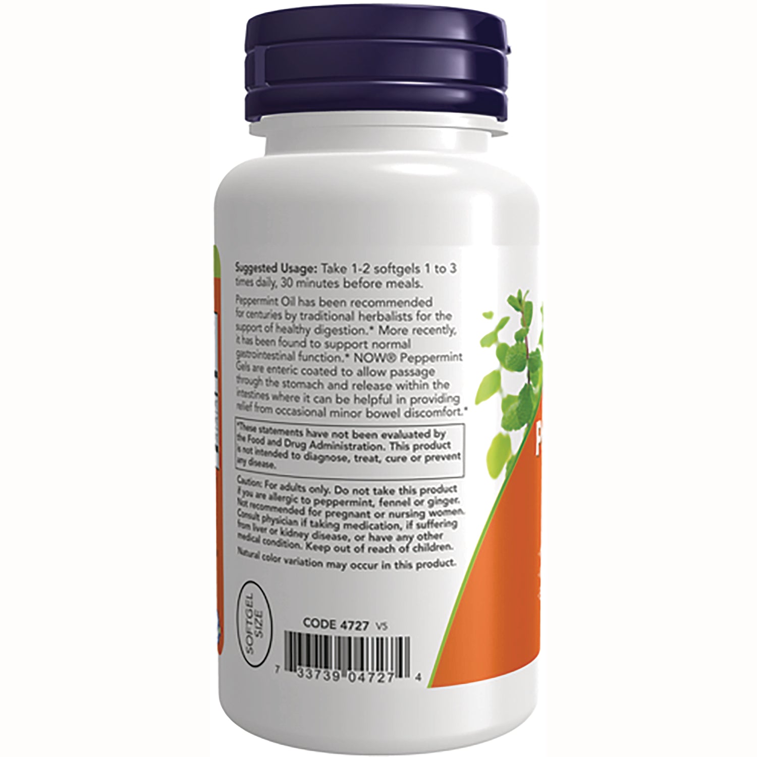NWF564 | Back of white supplement bottle showing directions, warnings, barcode and peppermint leaf graphic