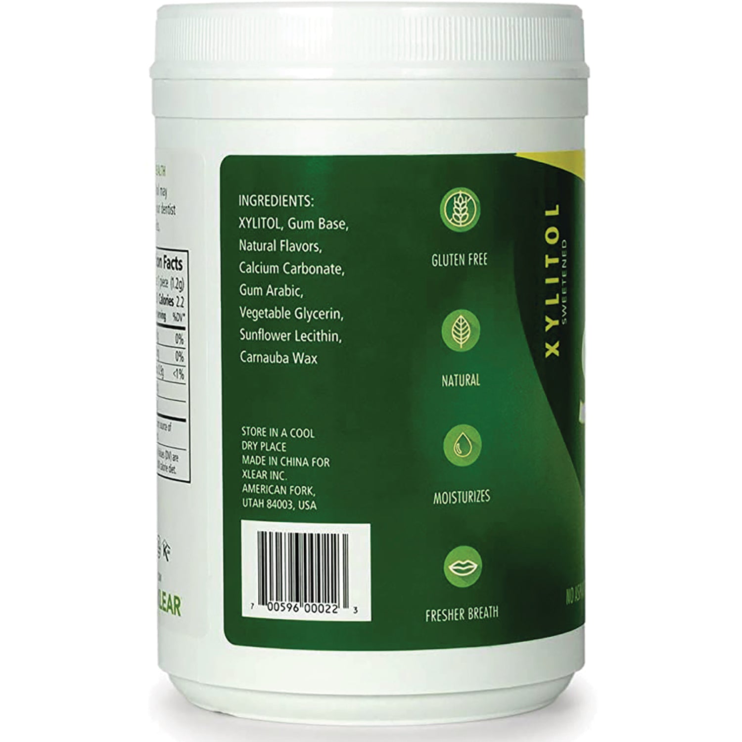 XL039 | Back label of xylitol gum container with ingredients, barcode, and icons: Gluten Free, Natural, Moisturizes, Fresher Breath