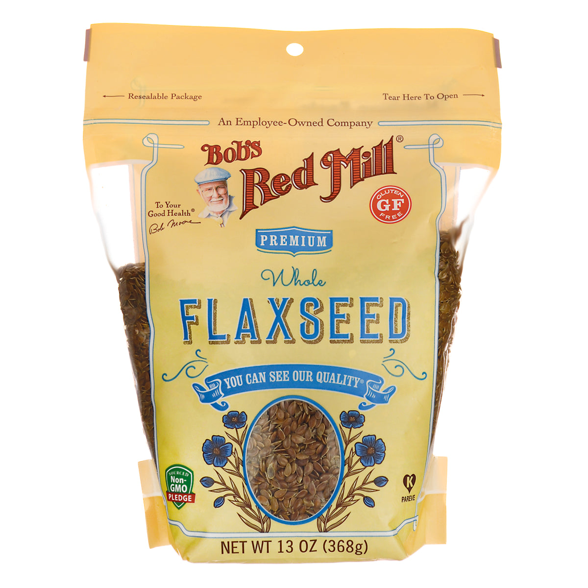 BOB268 | Bob's Red Mill premium whole flaxseed 13 oz bag with clear window showing seeds and gluten free label
