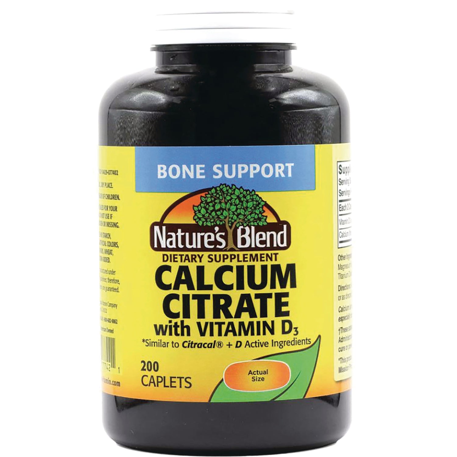 NAB031 | Front label of Nature's Blend Calcium Citrate with Vitamin D3 dietary supplement bottle, 200 caplets