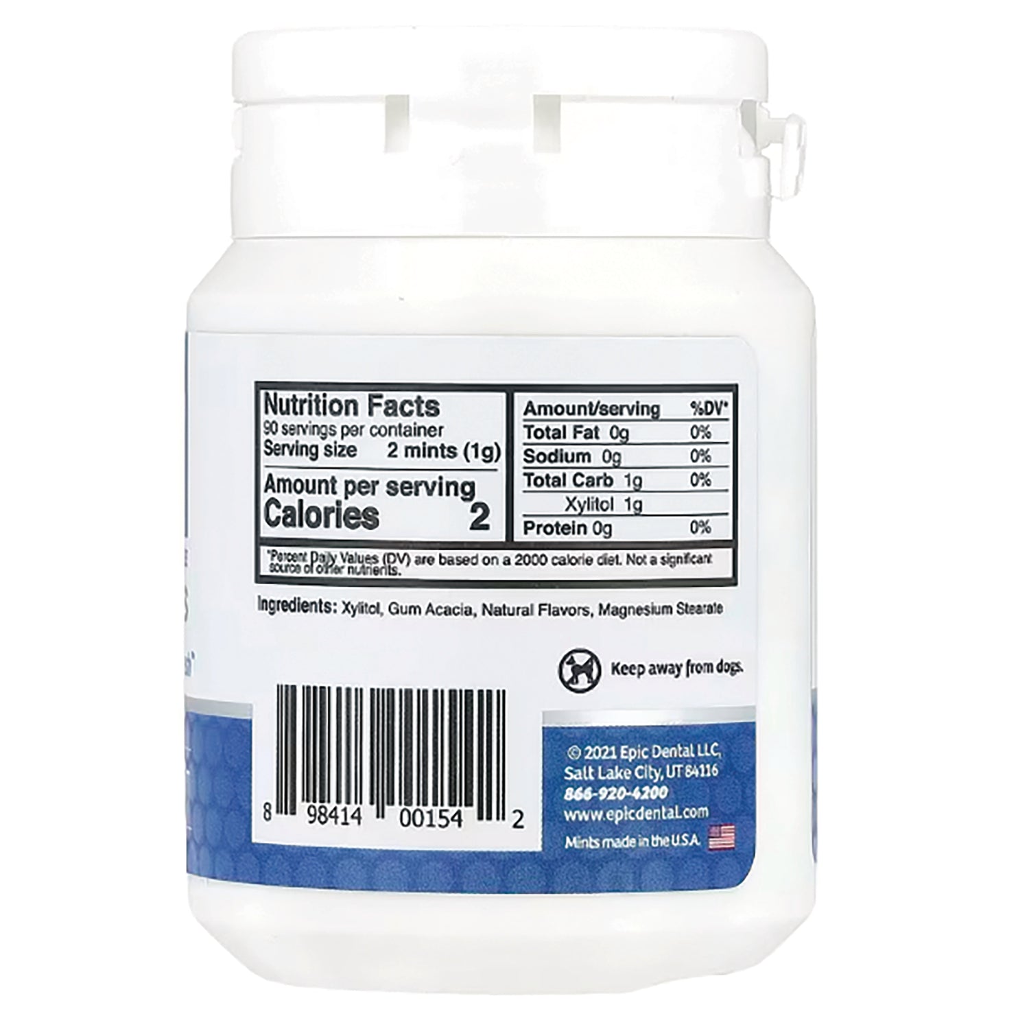 EPI008 | Back of white mint jar showing nutrition facts panel, ingredients list, barcode, and keep away from dogs icon