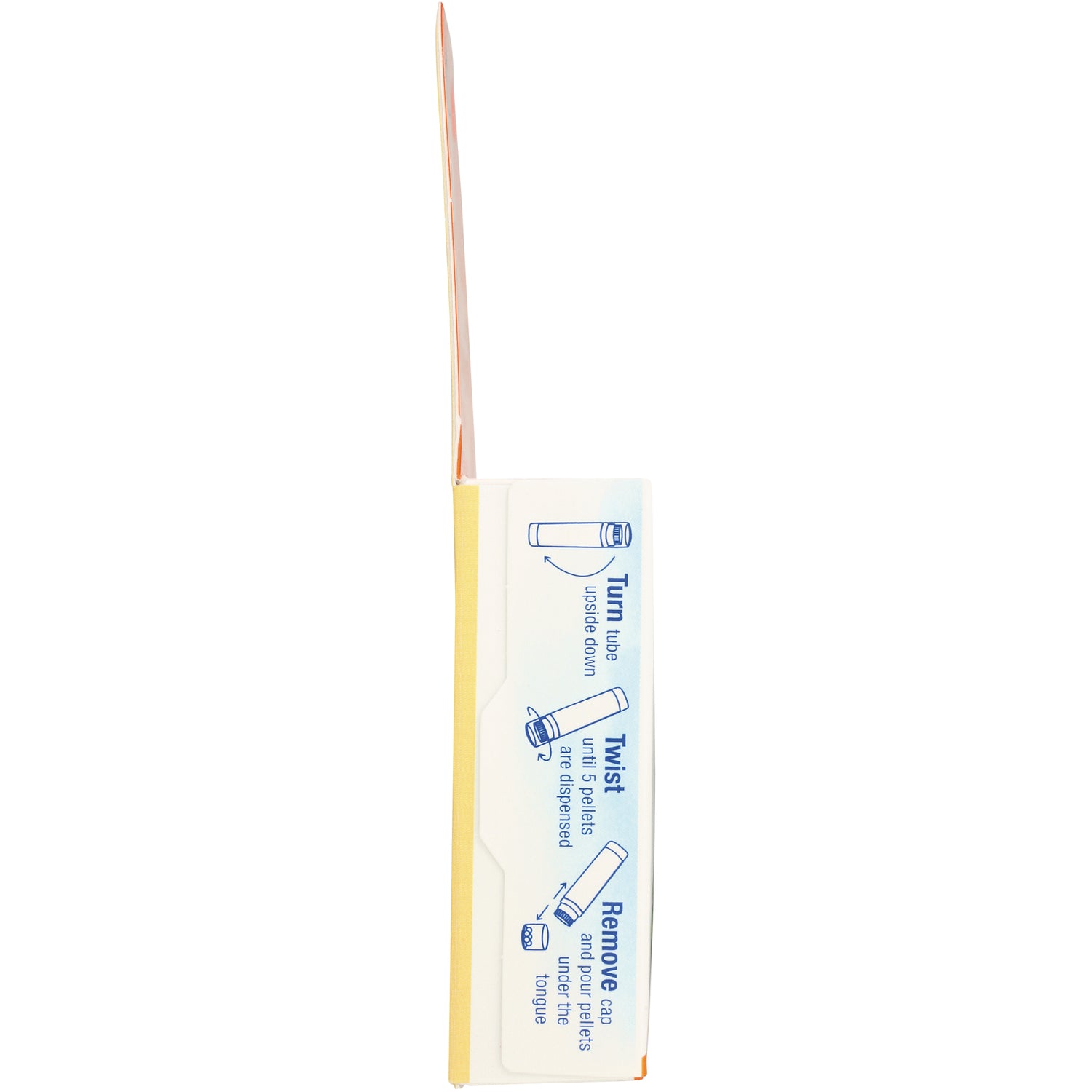 BRN041 | Back panel with illustrated instructions: Turn tube upside down, twist to dispense pellets, remove cap