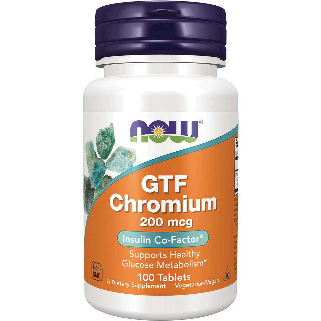 NWF824 | White bottle of NOW GTF Chromium 200 mcg supplement, 100 tablets, orange label - Thumbnail