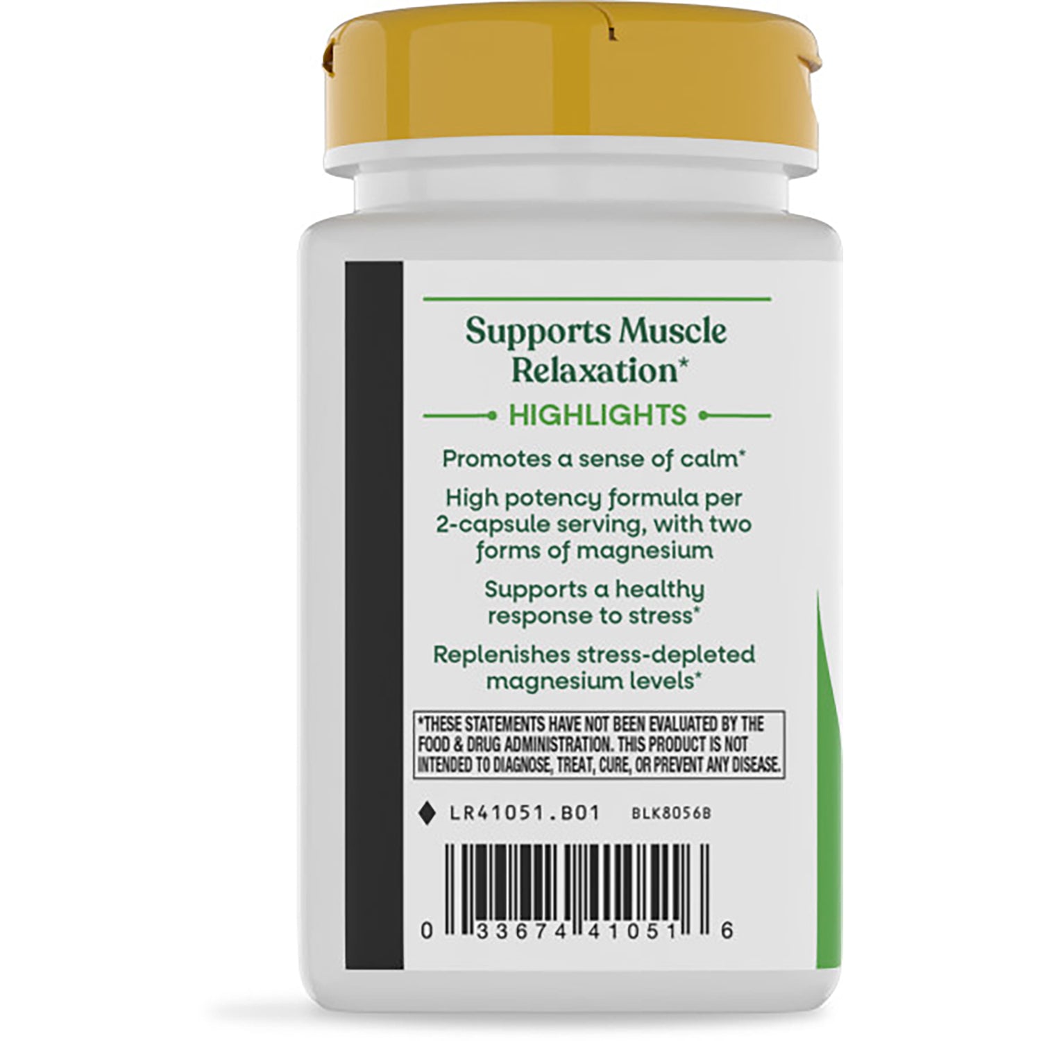 NW360 | Back label of supplement bottle with yellow cap reading 'Supports Muscle Relaxation' and barcode