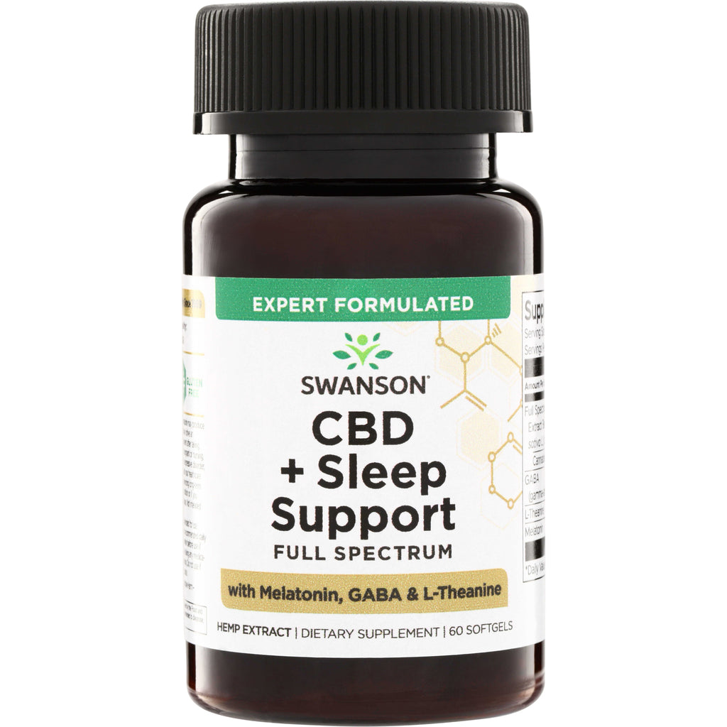 SWU1085 | Front of bottle: Swanson CBD + Sleep Support Full Spectrum with Melatonin, GABA & L-Theanine, 60 softgels - Thumbnail