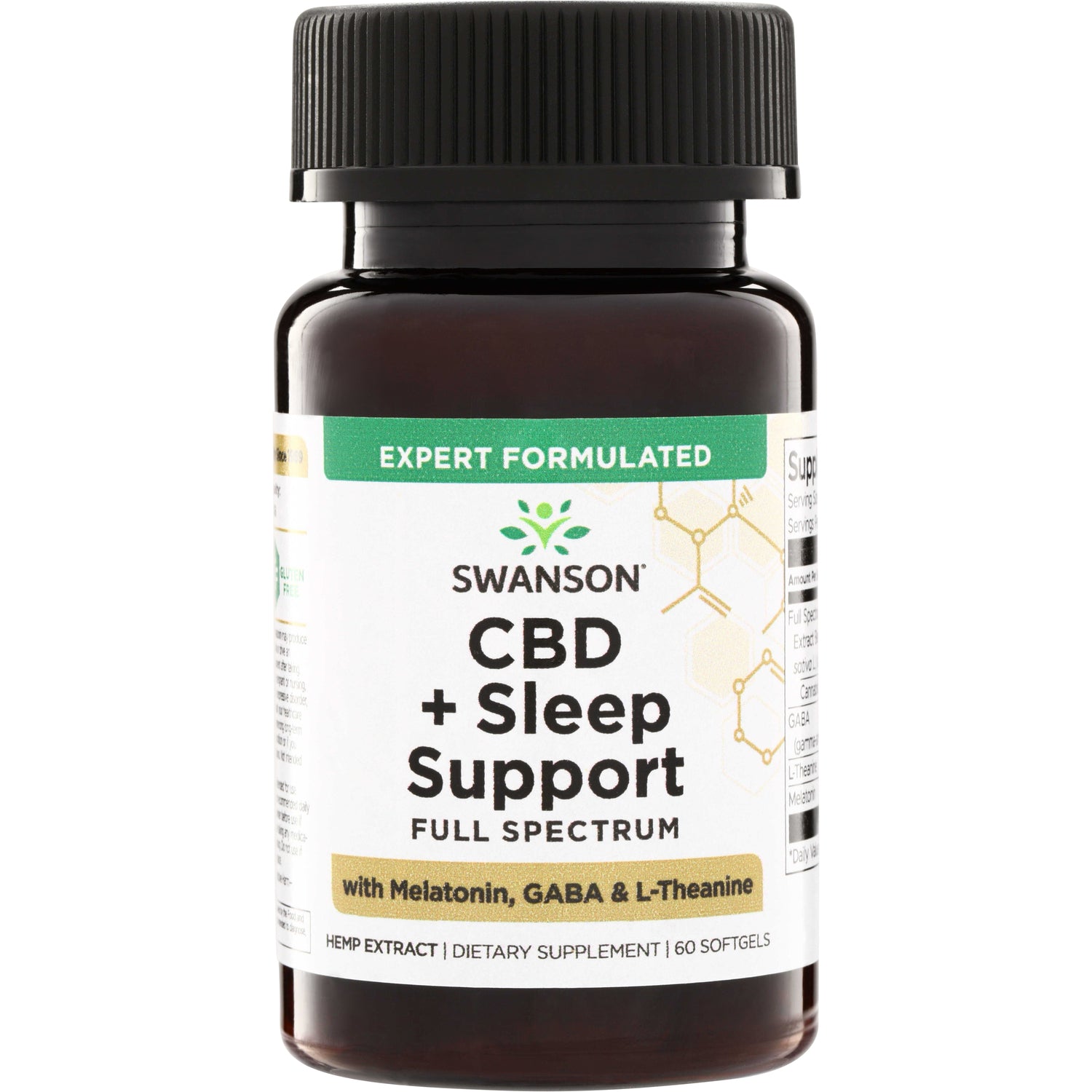 SWU1085 | Front of bottle: Swanson CBD + Sleep Support Full Spectrum with Melatonin, GABA & L-Theanine, 60 softgels