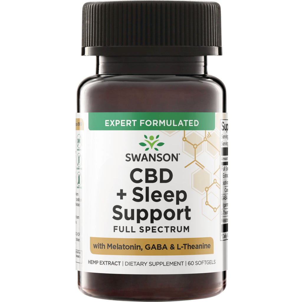 SWU1085 | Front of bottle: Swanson CBD + Sleep Support Full Spectrum with Melatonin, GABA & L-Theanine, 60 softgels - Thumbnail