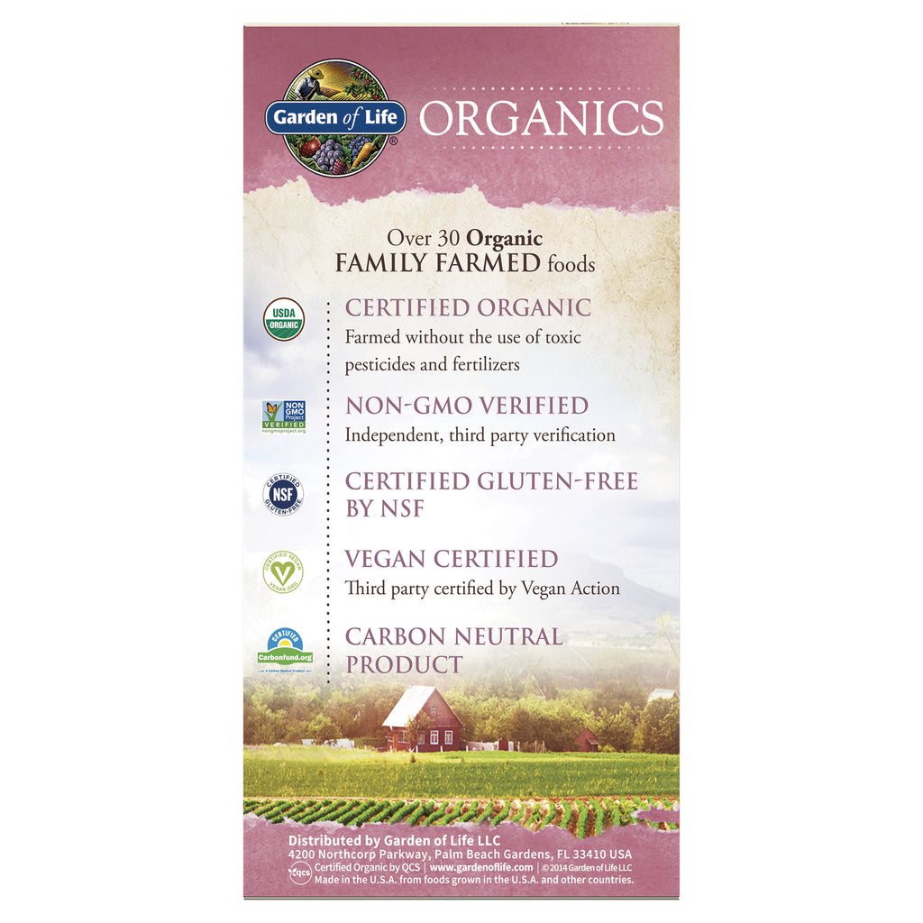 GLF178 | Back panel listing certified organic, non-GMO, gluten-free, vegan, and carbon neutral certifications with farmhouse image - Thumbnail