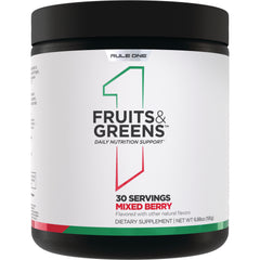 RO017 | Rule One Fruits & Greens mixed berry dietary supplement tub with label FRUITS & GREENS and 30 SERVINGS