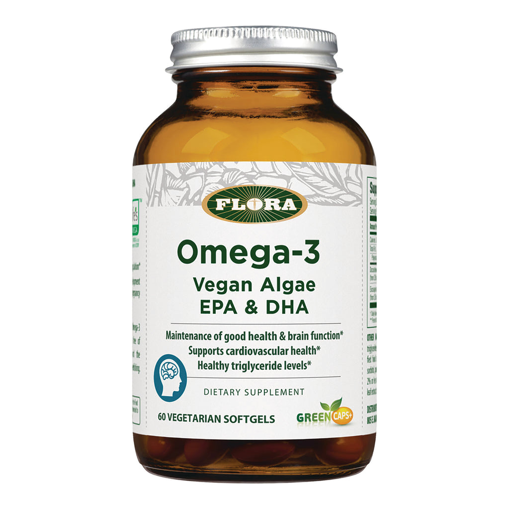 Flora Omega-3 Vegan Algae EPA & DHA brown bottle with white label, 60 vegetarian softgels - Thumbnail