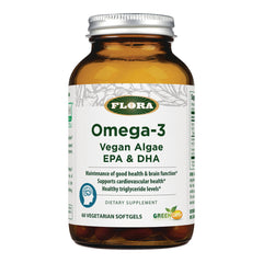 Flora Omega-3 Vegan Algae EPA & DHA brown bottle with white label, 60 vegetarian softgels