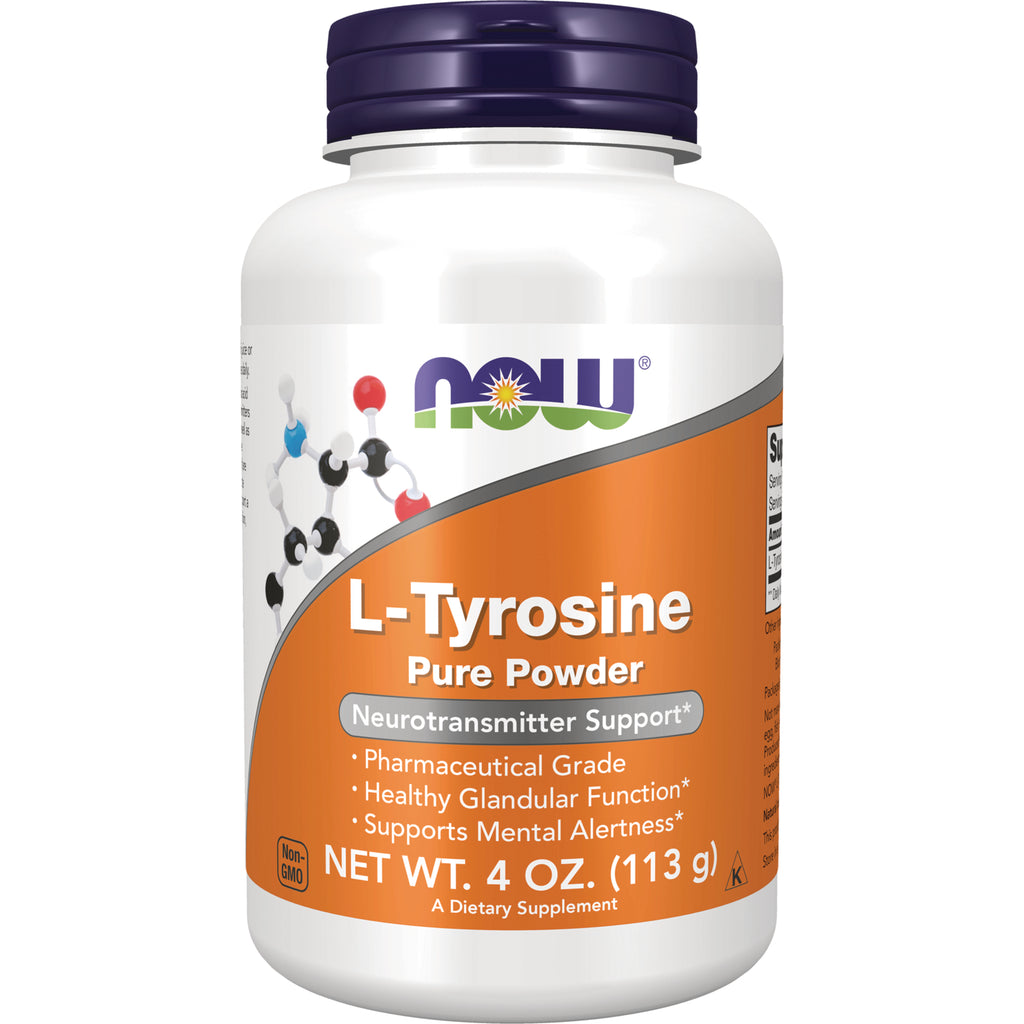 NWF769 | NOW L-Tyrosine pure powder supplement bottle with orange label, NET WT. 4 OZ (113 g) - Thumbnail