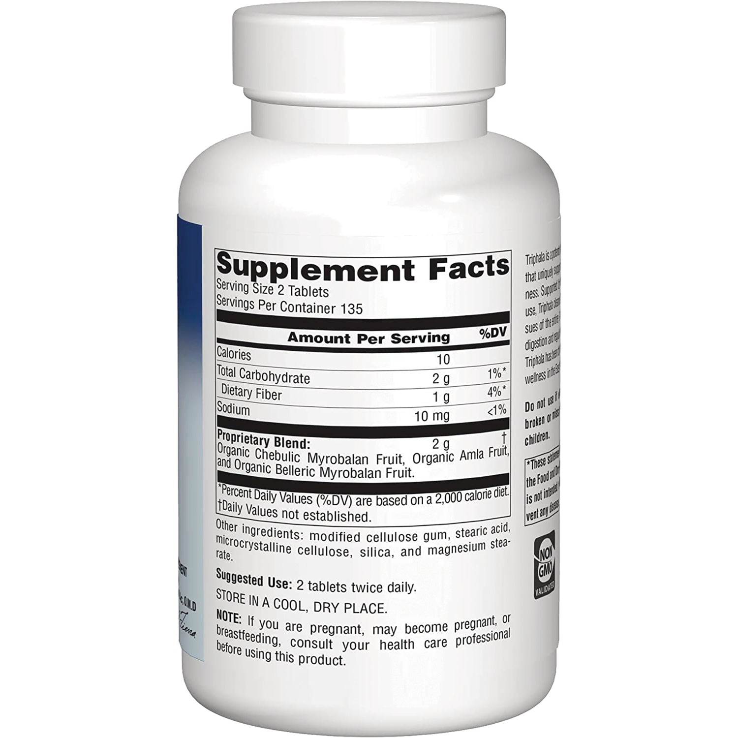 PF222 | Back of white supplement bottle showing Supplement Facts panel with serving size, nutrients, and ingredient list
