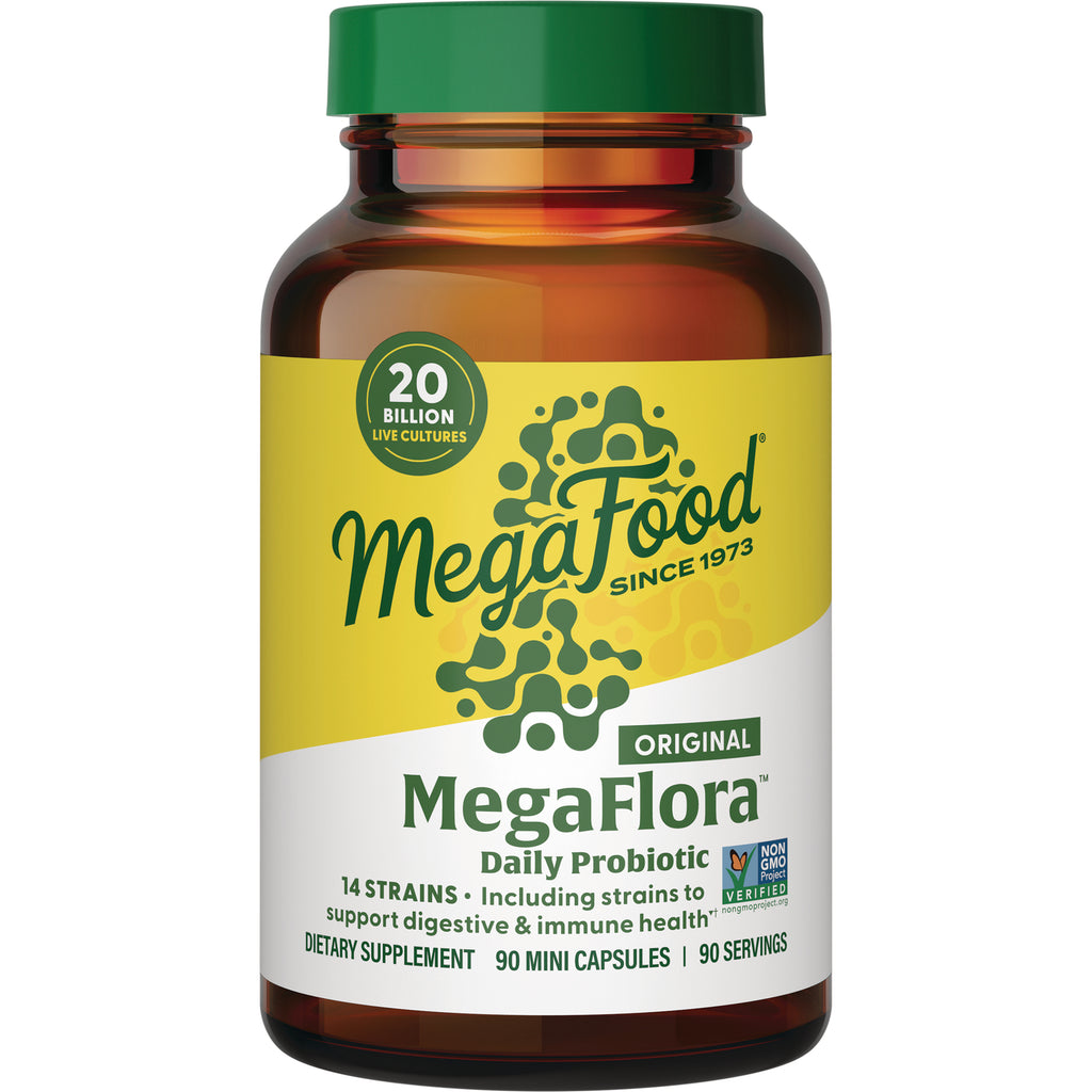 MGF004 | MegaFood MegaFlora original daily probiotic bottle with yellow label and green cap reading 20 billion live cultures and 90 mini capsules - Thumbnail