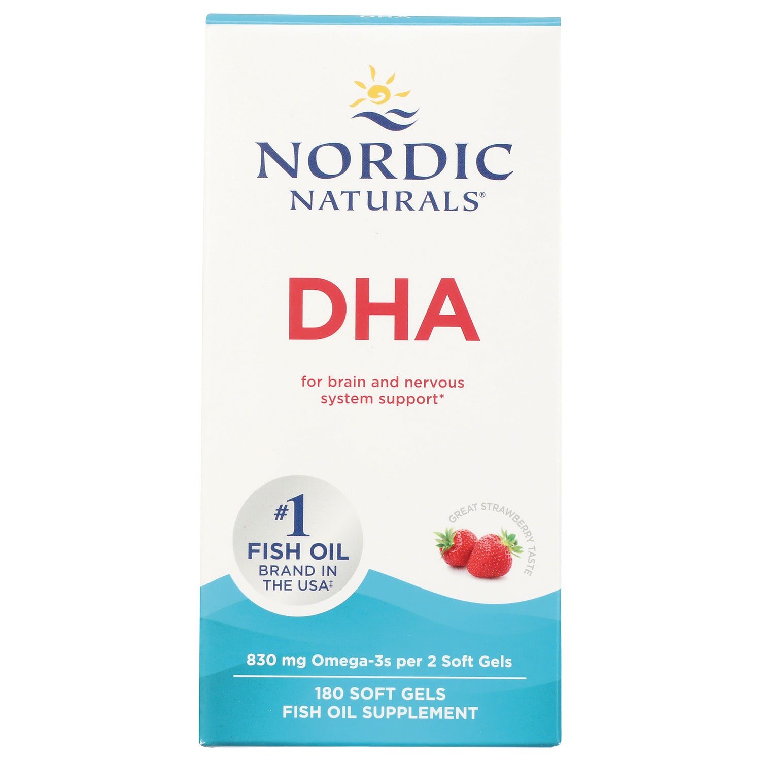 NRN024 | Nordic Naturals DHA fish oil supplement box front, strawberry flavor, 180 soft gels